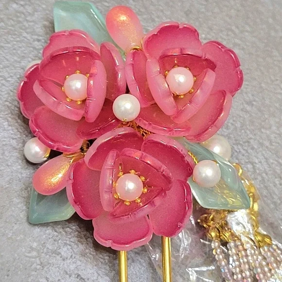 HANDMADE Glass Flower Pearl Hairpin [Brand New] - Picture 4 of 8
